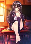 arm_support barefoot black_hair breasts classroom convenient_leg desk feet finger_to_mouth hairband indoors itou_misaki kneehighs leg_up long_hair long_sleeves looking_at_viewer matsuryuu medium_breasts on_desk original outstretched_foot outstretched_leg pov_feet purple_eyes school_desk school_uniform serafuku shirt single_sock sitting sitting_on_desk skirt skirt_set smile socks solo toes very_long_hair 