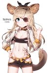  animal_ear_fluff animal_ears bad_id bad_pixiv_id belt blade_&amp;_soul blue_eyes bow brown_hair collar cropped_jacket eyepatch flat_chest groin hand_on_hip highres jacket jrjstawh korean long_hair lyn_(blade_&amp;_soul) navel panties ribbon short_shorts shorts simple_background smile solo tail tattoo text_focus tiger_ears underwear white_background 