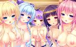  aoi_miyabi arisegawa_arle ayasaki_yuu bangs between_breasts black_hair black_panties blonde_hair blue_eyes blue_hair blunt_bangs blush boku_to_koi_suru_ponkotsu_akuma. bow breast_suppress breasts censored dark_skin finger_to_mouth flower fujima_emiri game_cg hair_bow hair_flower hair_ornament hand_between_breasts horns kiritani_riria large_breasts long_hair mosaic_censoring multiple_girls navel open_mouth panties penis penis_awe pink_hair pink_panties precum purple_eyes purple_hair red_eyes same_face sayori small_breasts two_side_up underwear white_panties yellow_eyes 