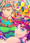  birthmark blue_eyes caesar_anthonio_zeppeli goggles goggles_on_head green_eyes headband joestar_birthmark jojo_no_kimyou_na_bouken joseph_joestar_(young) male_focus multicolored_hair multiple_boys naoto_(yandereheaven) outline purple_hair scarf 