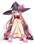  asukai_mao bare_shoulders blue_eyes cape hat hexagram highres legs long_hair long_legs looking_at_viewer murakami_yuichi off_shoulder official_art pink_hair scarf sitting solo thigh_strap unsimulated_incubator very_long_hair white_background witch_hat 