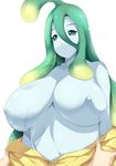  absurdres ahoge bad_id bad_twitter_id blue_skin breasts goo_girl green_eyes green_hair hands highres huge_breasts inactive_account jacket monster_girl monster_musume_no_iru_nichijou nipples solo_focus suu_(monster_musume) tentacle_hair topless tsukasawa_takamatsu upper_body 