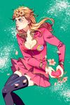  bad_id bad_pixiv_id blonde_hair blue_eyes breasts cleavage earrings flower giorno_giovanna heart heart_hands jewelry jojo_no_kimyou_na_bouken looking_to_the_side medium_breasts miniskirt petals pleated_skirt rin2010 skirt solo thighhighs zettai_ryouiki 