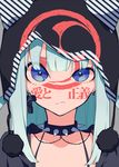  blue_eyes blue_hair collar ear_piercing earrings frown gun hat highres jewelry knit_hat long_hair looking_at_viewer mochizuki_kei original piercing solo spiked_collar spikes translated weapon 