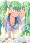  :&lt; adjusting_eyewear bad_id bad_pixiv_id bent_over bespectacled blush breasts cleavage downblouse earrings glasses green_eyes green_hair hatsune_miku jewelry large_breasts leaning_forward long_hair mayo_riyo solo thighhighs twintails vocaloid white_legwear zettai_ryouiki 