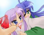  ahoge blue_eyes blue_hair green_eyes hiiragi_kagami hug izumi_konata japanese_clothes long_hair lucky_star miko mio_atenako mole mole_under_eye multiple_girls one_eye_closed purple_hair ribbon yuri 