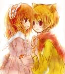  1girl animal_ears bad_id bad_pixiv_id blonde_hair blush brown_hair dress frills holding_hands lowres midori-neko sakutarou scarf short_hair smile umineko_no_naku_koro_ni ushiromiya_maria 