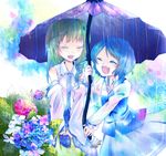  blue_hair detached_sleeves flower frog green_hair hair_ornament holding holding_umbrella hydrangea karakasa_obake kochiya_sanae long_hair multiple_girls purple_umbrella rain shared_umbrella short_hair snake tatara_kogasa touhou umbrella yananana 