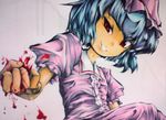  :d blood blue_hair byoin clenched_hand dress evil_grin evil_smile foreshortening grin hands hat head_tilt looking_at_viewer open_mouth pink_dress puffy_sleeves red_eyes remilia_scarlet short_hair smile solo touhou traditional_media v-shaped_eyebrows 