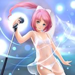  bikini blue_eyes bow dress flat_chest front-tie_top hair_bow hana_(pangya) microphone microphone_stand navel pangya pink_hair ponytail see-through side-tie_bikini solo sparkle sundress swimsuit thigh_gap thighhighs yori_(shitsuon) 