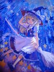  absurdres acrylic_paint_(medium) ama-tou apron blonde_hair braid broom broom_riding buttons hand_on_headwear hat highres kirisame_marisa long_hair side_braid sidesaddle smile solo star touhou traditional_media waist_apron witch witch_hat yellow_eyes 