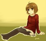  arm_support brown_hair copyright_request feet kanae_funwa legs pantyhose short_hair sitting skirt smile solo sweater 