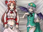  bat_wings blue_eyes braid breasts china_dress chinese_clothes cleavage cosplay costume_switch dress embarrassed hat hong_meiling hong_meiling_(cosplay) kuchisuna large_breasts long_hair midriff multiple_girls oversized_clothes panties red_eyes red_hair remilia_scarlet remilia_scarlet_(cosplay) short_hair touhou twin_braids undersized_clothes underwear wings 