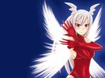  bare_shoulders blush breasts elbow_gloves female final_fantasy final_fantasy_tactics gloves gradient gradient_background grey_hair head_wings headwings long_hair rawza red_eyes solo ultima_(fft) wings 