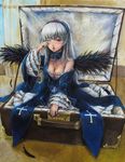  blush breasts cleavage dress frills hairband large_breasts md5_mismatch oil_painting_(medium) one_eye_closed red_eyes rozen_maiden silver_hair sleepy solo strap_slip suigintou tafuto traditional_media wings yawning 