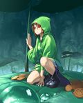  boots brown_hair frog frog_girl kagiya monster_girl original personification raincoat solo squatting 