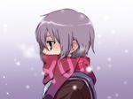  a-ka brown_eyes cardigan grey_hair kita_high_school_uniform nagato_yuki scarf school_uniform serafuku short_hair snow solo suzumiya_haruhi_no_yuuutsu 