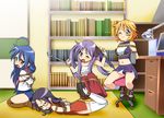  ahoge bdsm blonde_hair blue_eyes blue_hair blush bondage bound buruma cheerleader daikinbakuju duplicate green_eyes hiiragi_kagami izumi_konata long_hair lucky_star midriff mole multiple_girls navel one_eye_closed patricia_martin purple_eyes purple_hair skirt tamura_hiyori tied_up 