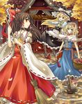  alice_margatroid autumn bare_shoulders basket blonde_hair blue_eyes book boots braid broom broom_riding brown_hair capelet cross-laced_footwear detached_sleeves frills grimoire grimoire_of_alice hairband hakurei_reimu hat highres holding japanese_clothes kirisame_marisa lace-up_boots leaf long_hair multiple_girls mushroom open_mouth red_eyes ribbon rope shide shimenawa short_hair shrine smile standing tassel touhou vetina wide_sleeves witch_hat yellow_eyes 