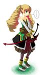  archer_(disgaea) bare_shoulders belt blonde_hair boots bow bow_(weapon) detached_sleeves disgaea dress drill_hair flat_chest green_eyes highres hogi long_hair pantyhose pointy_ears solo translation_request twin_drills twintails weapon wrist_grab zipper 