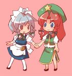  blue_eyes braid chibi china_dress chinese_clothes dress hat holding_hands hong_meiling houroku izayoi_sakuya long_hair lowres maid multiple_girls pantyhose pocket_watch short_hair silver_hair touhou twin_braids watch 