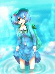  backpack bad_id bad_pixiv_id bag blue_eyes blue_hair cucumber goggles goggles_around_neck hair_bobbles hair_ornament hat highres kawashiro_nitori key mouth_hold na_(zooncopter) navel short_hair skirt_hold solo touhou twintails two_side_up wading water 
