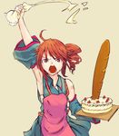  ahoge apron armpits baguette bread cake detached_sleeves drill_hair food icing kasane_teto mikeco open_mouth pastry red_eyes red_hair simple_background solo twin_drills twintails utau 