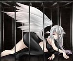  1girl ass bare_shoulders breasts cage female final_fantasy final_fantasy_tactics grey_hair hal_(haruna) hal_(pixiv53536) head_wings headwings long_hair lying nail_polish red_eyes solo ultima_(fft) wings 