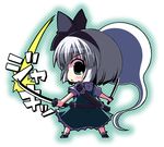  black_hairband chibi dual_wielding ghost green_eyes hairband hitodama holding konpaku_youmu konpaku_youmu_(ghost) looking_back rikumaru short_hair silver_hair solo sword touhou weapon 