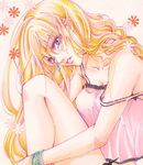  bangs bare_shoulders blonde_hair blue_eyes bracelet camisole collarbone eyebrows eyebrows_visible_through_hair floral_background from_side head_tilt jewelry lace_trim leg_hug long_hair looking_at_viewer macross macross_frontier parted_lips pink_lips sagirin729 sheryl_nome simple_background sitting solo strap_slip upper_body wavy_hair white_background 