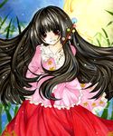  bamboo bamboo_forest black_hair branch forest full_moon happy houraisan_kaguya jeweled_branch_of_hourai long_hair long_sleeves mizame moon nature red_eyes shirt skirt smile solo touhou 