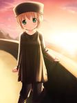  blush brown_hair casual green_eyes hat inuarashi meiko_(inuarashi) original smile solo sunset tail 