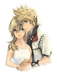  1girl bare_arms bare_shoulders blonde_hair blue_eyes breasts closed_mouth couple hair_between_eyes hetero holding_hands jacket kingdom_hearts long_hair looking_at_viewer medium_breasts namine open_clothes open_jacket parted_lips red_lips roxas short_hair short_sleeves simple_background sleeveless smile umadaisuki unzipped upper_body white_background white_jacket wristband zipper 