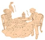  1girl bad_id bad_pixiv_id bangoul beatrice cake chair closed_eyes cookie cup dress fang flower food frills hair_ornament necktie pastry rose sitting sweatdrop table tea tea_party teacup teapot tiered_tray too_many too_many_frills translated umineko_no_naku_koro_ni ushiromiya_battler 