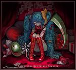  bandage bear blood blue_hair boots bow box female green_eyes hatsune_miku heart photo_(object) scar scythe solo stitches vocaloid yandere yukaman zombie 