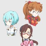  :&gt; :&lt; ayanami_rei bad_id bad_pixiv_id blue_hair blush blush_stickers bodysuit chibi glasses ishida_hiroyasu makinami_mari_illustrious multiple_girls neon_genesis_evangelion pink_bodysuit plugsuit rebuild_of_evangelion souryuu_asuka_langley white_bodysuit 