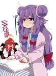  2girls :i alternate_hairstyle bat_wings blue_eyes book chibi double_bun hands head_wings highres koa_(phrase) koakuma long_hair multiple_girls o_o patchouli_knowledge pout purple_hair surprised takanashi_ringo touhou wings 