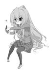 :&lt; aisaka_taiga greyscale hairan handheld_game_console long_hair mary_janes monochrome nintendo_ds playing_games shoes solo thighhighs toradora! very_long_hair 