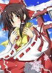  bad_id bad_pixiv_id blue_sky bow breath brown_eyes brown_hair day detached_sleeves hakurei_reimu hands itamochi scarf short_hair sky snow snowflakes snowing solo torii touhou 