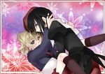  1girl beret black_hair blonde_hair hat hug kanon_(umineko) koougi ponytail thighhighs umineko_no_naku_koro_ni ushiromiya_jessica 