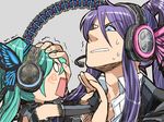  1girl angry aqua_hair butterfly_hair_ornament butterfly_wings gomoku gothic_lolita hachune_miku hair_ornament headphones headset kamui_gakupo lolita_fashion long_hair magnet_(vocaloid) o_o parody ponytail purple_hair sweat twintails vocaloid wings 