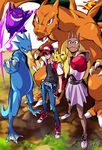  bad_id bad_pixiv_id baseball_cap boxing_gloves charizard clenched_hand gen_1_pokemon gengar golduck hand_on_hip hat highres hitmonchan holding holding_poke_ball pikachu poke_ball pokemon pokemon_(creature) pokemon_(game) pop_kyun red_(pokemon) red_(pokemon_rgby) skinny_jeans 