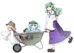  blue_eyes blue_hair detached_sleeves eyes frog green_eyes green_hair hair_bobbles hair_ornament hat hota japanese_clothes kawashiro_nitori kochiya_sanae long_hair moriya_suwako multiple_girls short_hair snake touhou twintails two_side_up wheelbarrow 