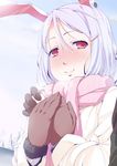  animal_ears blush bunny_ears gloves long_hair natsumi_akira purple_hair red_eyes reisen_udongein_inaba scarf snow solo touhou 