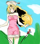  1boy 1girl bare_shoulders blonde_hair blush brown_eyes dress embarrassed final_fantasy final_fantasy_tactics hat ikkomadestroyer iwamasama long_hair mario mario_(series) mediator_(fft) nintendo no_panties orator_(fft) outdoors panties pixel_art sky sprite strapless strapless_dress super_mario super_mario_bros. underwear 