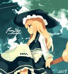  blonde_hair blush broom broom_riding cloud fuukadia_(narcolepsy) hat kirisame_marisa long_hair profile red_eyes sidesaddle sky smile solo touhou witch_hat 