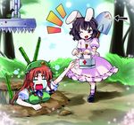  2girls bamboo directional_arrow eyebrows first_aid_kit forest hong_meiling inaba_tewi kiku_hitomoji multiple_girls nature one_eye_closed shovel tears thick_eyebrows touhou 