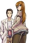  1girl ass bike_shorts brown_hair dr_pepper g-tetsu labcoat long_hair makise_kurisu okabe_rintarou pantyhose soft_drink steins;gate 