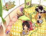  alternate_costume bed black_hair blonde_hair book bow contemporary gohei hair_bow hakurei_reimu hat kirisame_marisa multiple_girls red_eyes room touhou witch_hat yellow_eyes younger ysrandy 