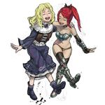  armor blonde_hair collar dancing dress greaves happy long_hair multiple_girls original panties ponytail red_hair salamander_(jonbonjovi82) thighhighs underwear 